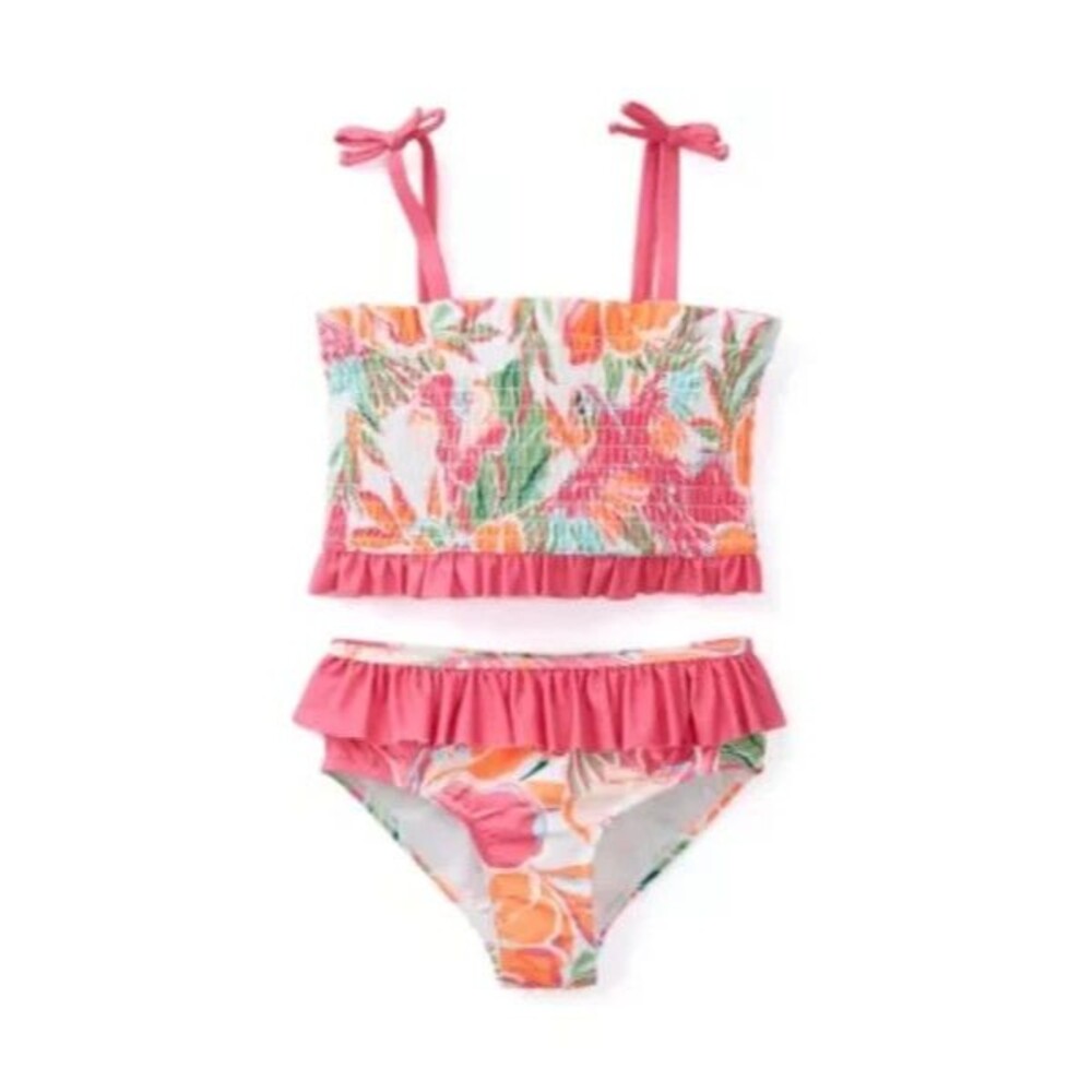 C1 NWT Crown & Ivy Kids Pink Smocked Bikini Girls UPF 50+ tropical floral Size 6